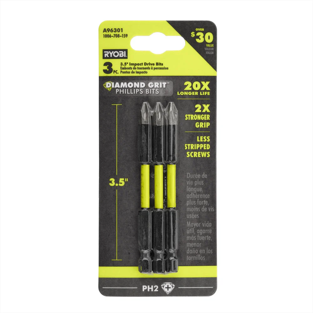 3 PC. 3-1/2" PH2 Diamond Grit Impact Drive Bits