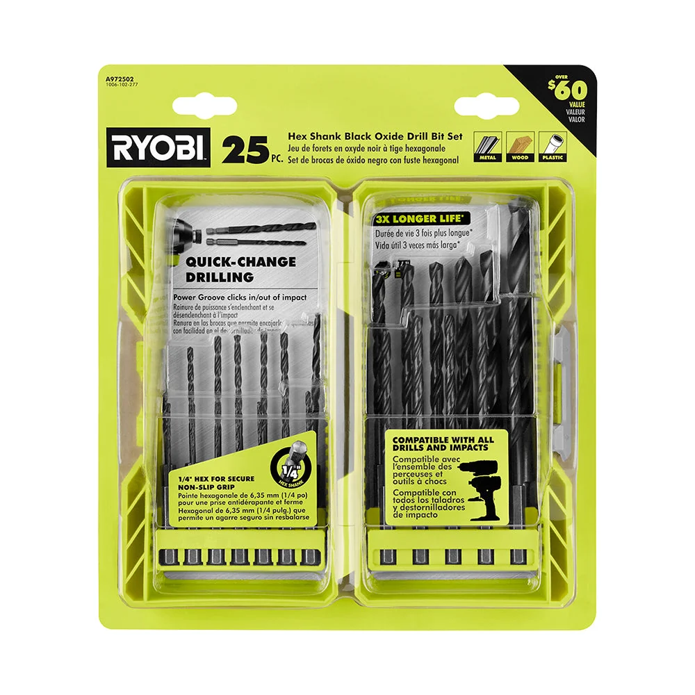 25 PC. Hex Shank Black Oxide Drill Bit Set