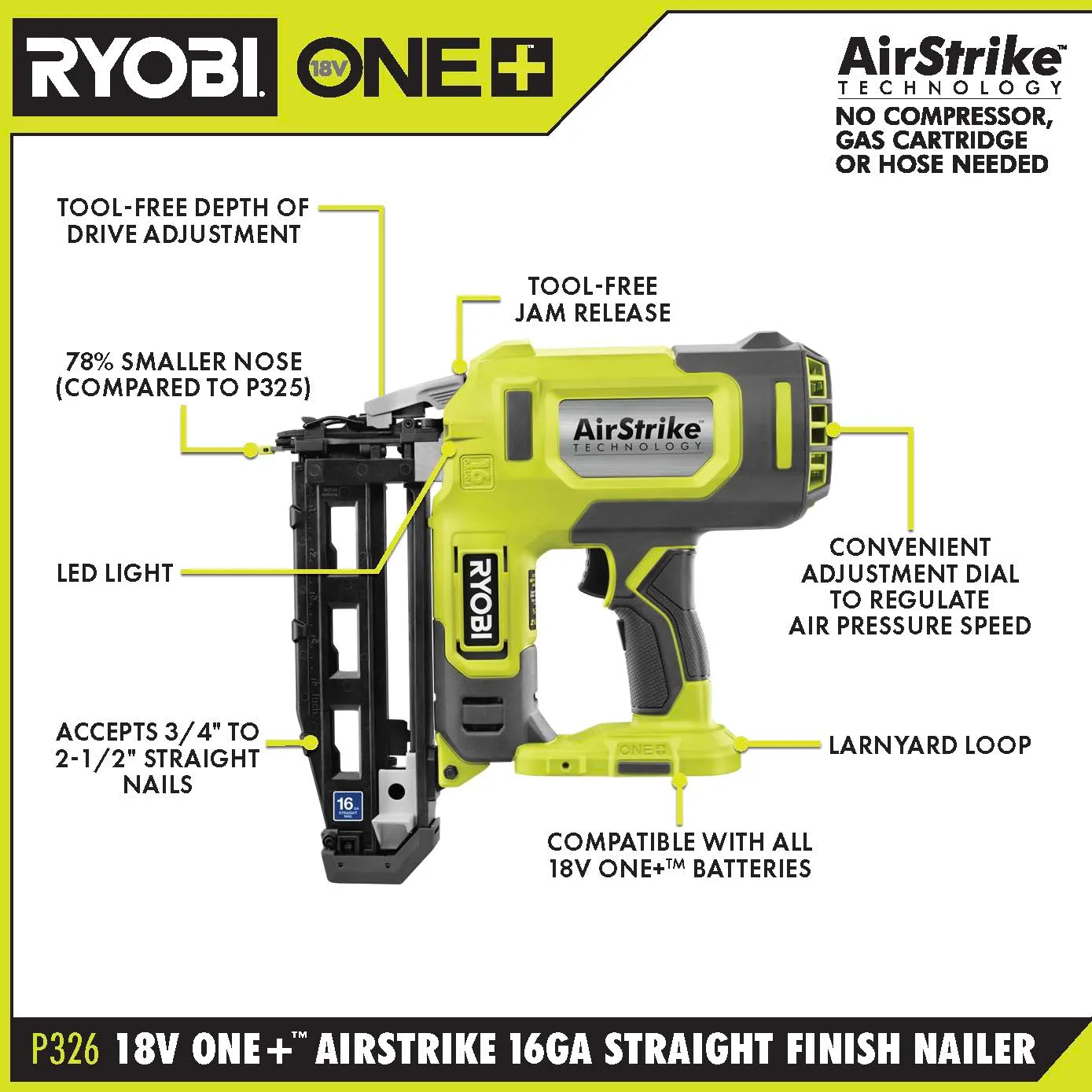 18V ONE+ AirStrike 16GA Straight Finish Nailer Kit - Image 6