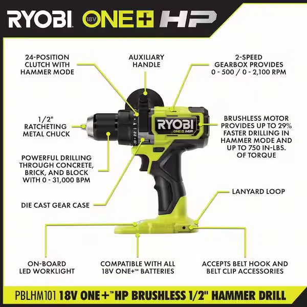18V ONE+ HP Brushless 1/2" Hammer Drill Kit - Image 2