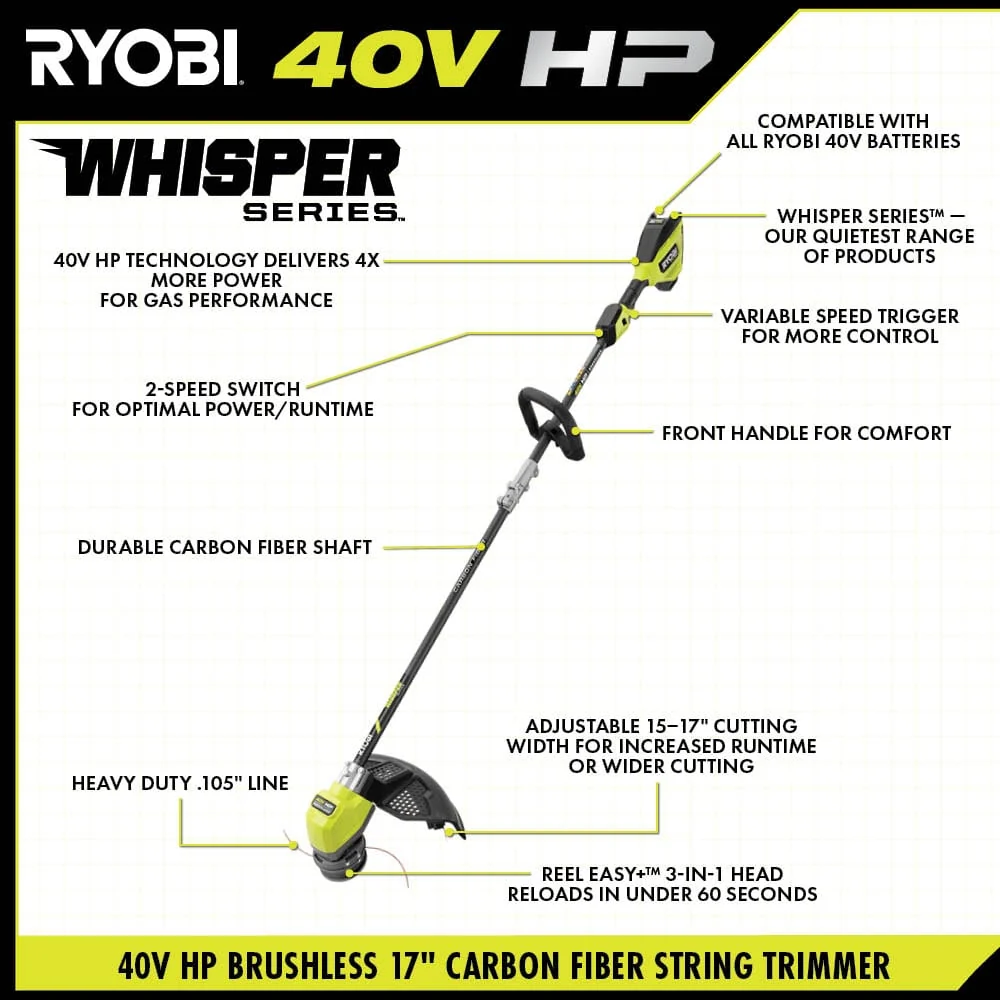 40V HP Brushless WHISPER Series 17" Carbon Fiber Shaft String Trimmer Kit - Image 5